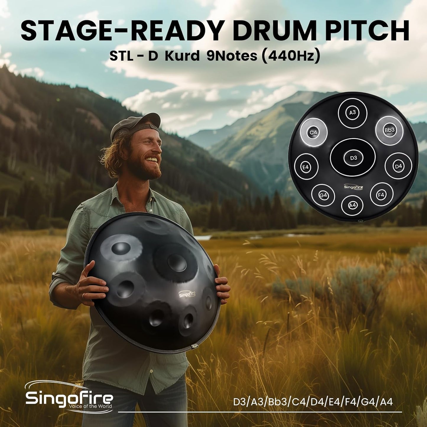 "SINGOFIRE" 9-Notes Handpan Drum, Handpan Drums for Adults, 22-Inch 440Hz D Minor Kurd Handpan, HandPan Instrument with Soft Handpan Bag, 2 Handpan Mallets, Handpan Stand and Dust-Free Cloth(Black)