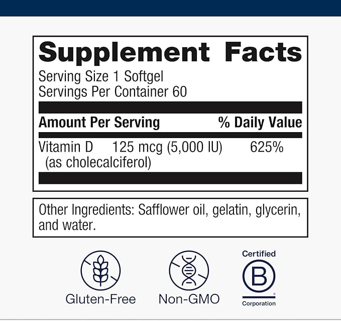 Metagenics Vitamin D3 5000 - for Immune Support, Bone Health & Heart Health* - High Potency Vitamin D - Non-GMO - Gluten-Free - 60 Softgels