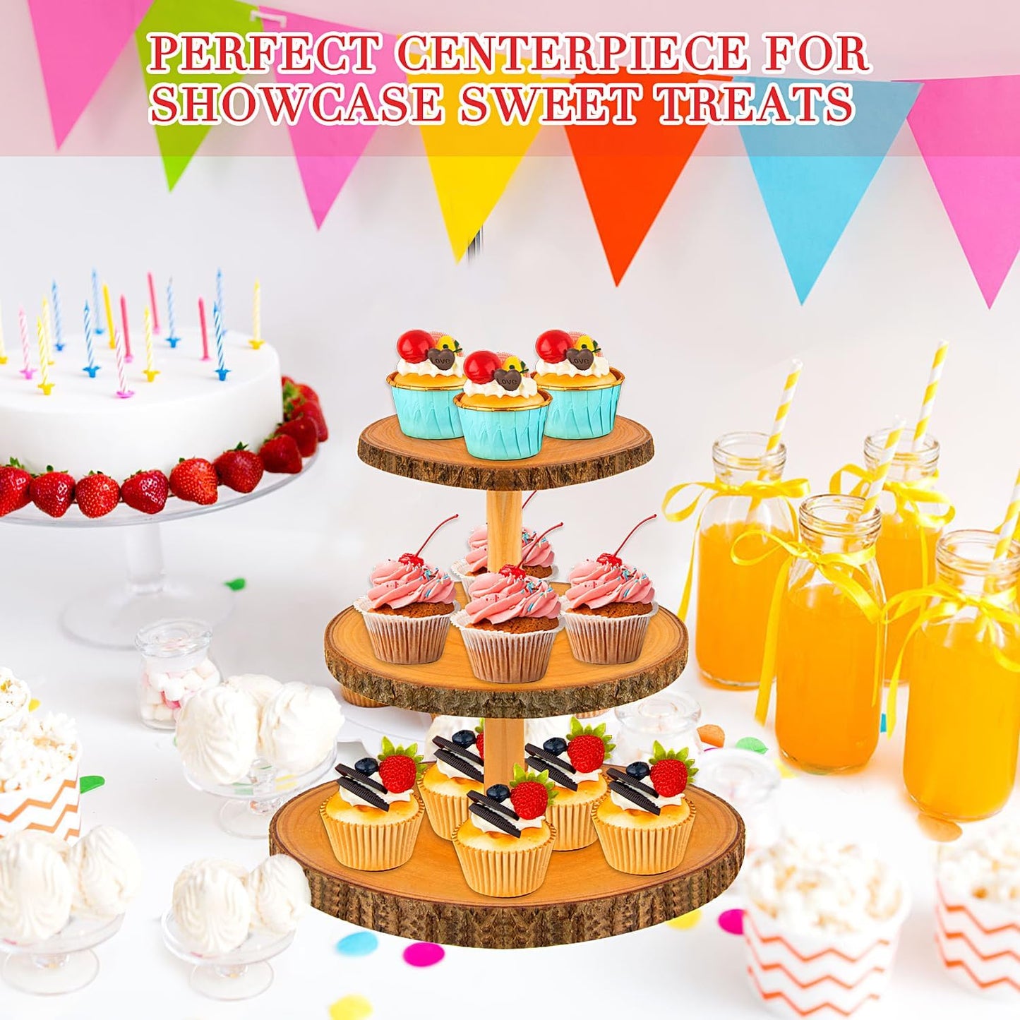 Cupcake Stand Wood Dessert Stands 3-Tier Wood Cupcake Stand - Elegant Farmhouse Dessert Display for Weddings, Tea Parties, & More./Wedding Décor/Tea Party/Birthday/Graduation/Holiday.