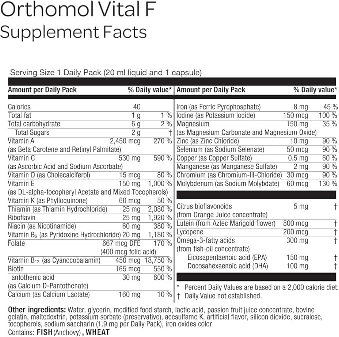 Orthomol Vital F Vial for Women, 30-Day Vitamin Supplement – Daily Energy, Fatigue Reduction & Vitality Support with Vitamins A, B, C, D, E, K, Omega-3 & Iodine