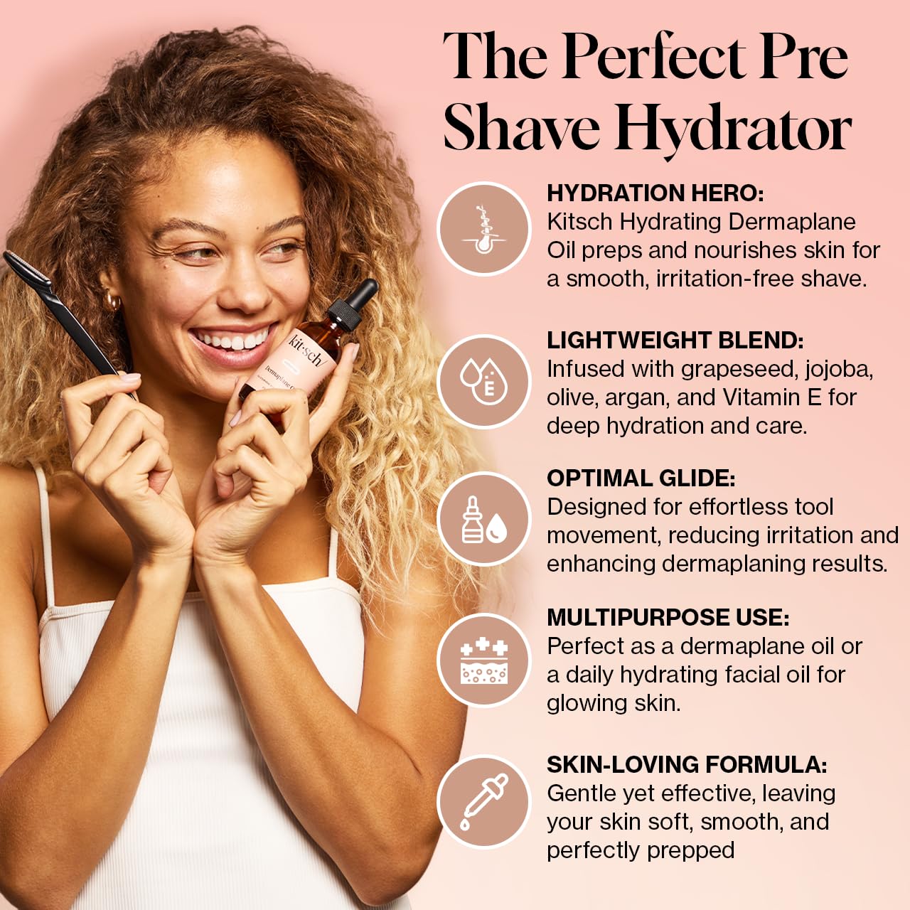 Kitsch Dermaplane Face Oil with Jojoba & Argan Oil – Hydrating Facial Formula for Dermaplaning Tool, Gua Sha & Razor Use – Irritation-Free Shave Oil for Soft, Radiant Skin – 2oz