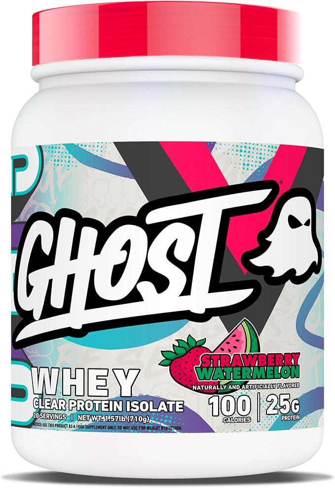 GHOST Clear Whey Isolate Protein Powder, Strawberry Watermelon - 1.57 LB Tub, 25G of Whey Protein - Post Workout Drink for Muscle Gain & Recovery – Sugar Free, Soy Free & Zero Fat, 20 Servings