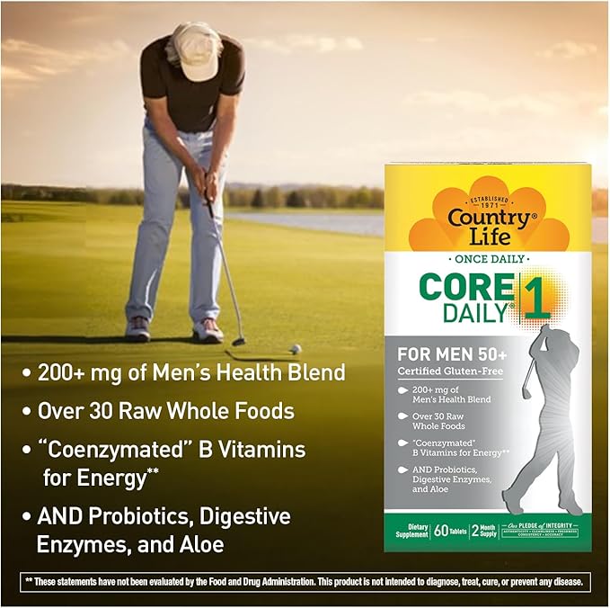 Country Life CORE Daily-1 Multivitamin for Men 50+ - Gluten-Free, Energy Support with Coenzymated B Vitamins, Probiotics, Whole Food and Digestive Enzymes, Certified Gluten Free, 60 Tablets