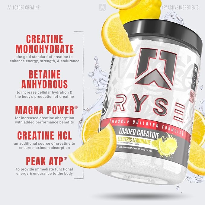 RYSE Loaded Creatine for Men & Women - Electric Lemonade - Muscle Building Formula with 3 Forms of Electrolytes, Betaine Anhydrous and Peak ATP - Strength, Power & Endurance Support - 30 Servings