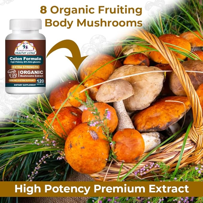 Cancer Sciences Colon Wellness Supplement, USDA Certified Organic Mushrooms Extract, Extra Strength 1,500 mg, High Potency 40% Beta-Glucans, Immune, Gut & Digestive, Colon Cleanse & Detox, 120 Caps
