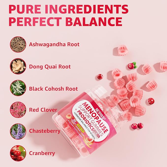 Menopause Probiotics Filled Gummies for Women, Sugar Free Menopause Supplement Gummy with Ashwagandha, Dong Quai & Black Cohosh for Hot Flashes, Night Sweats, Mood Swings, Gut Health - Vegan, 120Cts