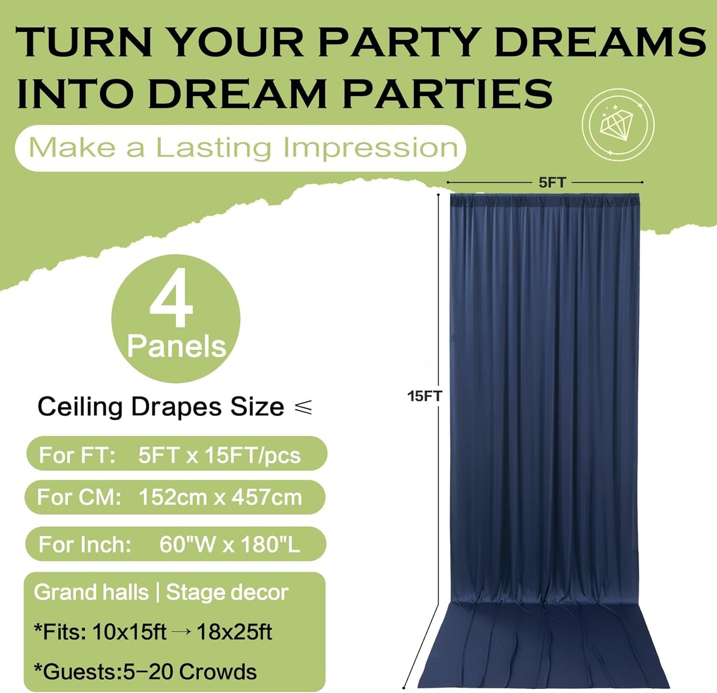 PartyVillage 20ft×15ft Navy Blue Backdrop Curtain for Wedding Parties, 4 Panels Wrinkle Free 15 FT Long Polyester Photo Backdrop Drapes Back Drop Cloth for Birthday Photography Background