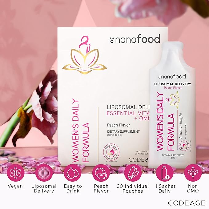 Codeage Liposomal Women's Daily Vitamins Liquid Pouch Formula, Vegan Omega-3 Liquid Multivitamin Supplement, Biotin, Vitamins A, B, C, D, E, Riboflavin, Berry - Non-GMO - 30 Pouches