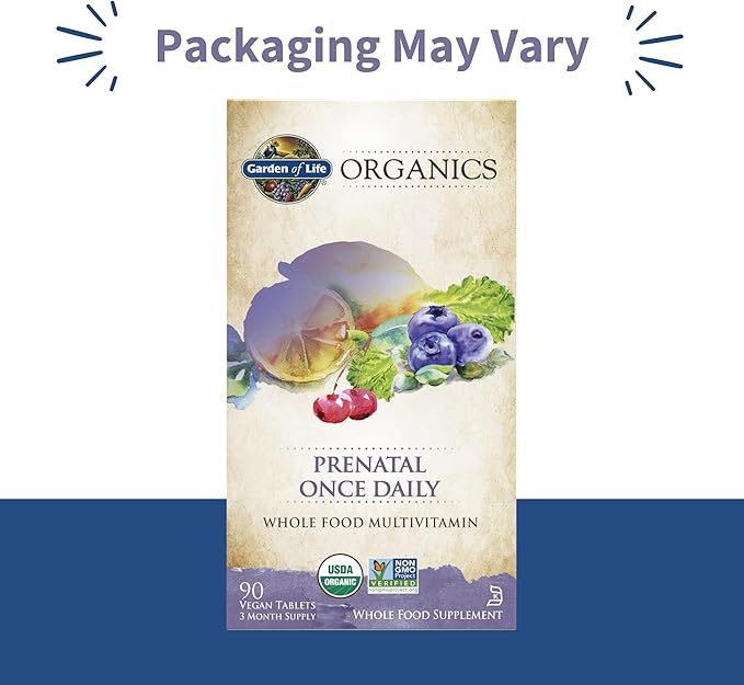 Garden of Life Prenatal Vitamins for Women, Organics Folate for Energy & Healthy Fetal Development, Non-constipating Iron, Vitamin C, B6, B12, D3, Non-GMO, Gluten-Free, Vegan, 90 Day Supply