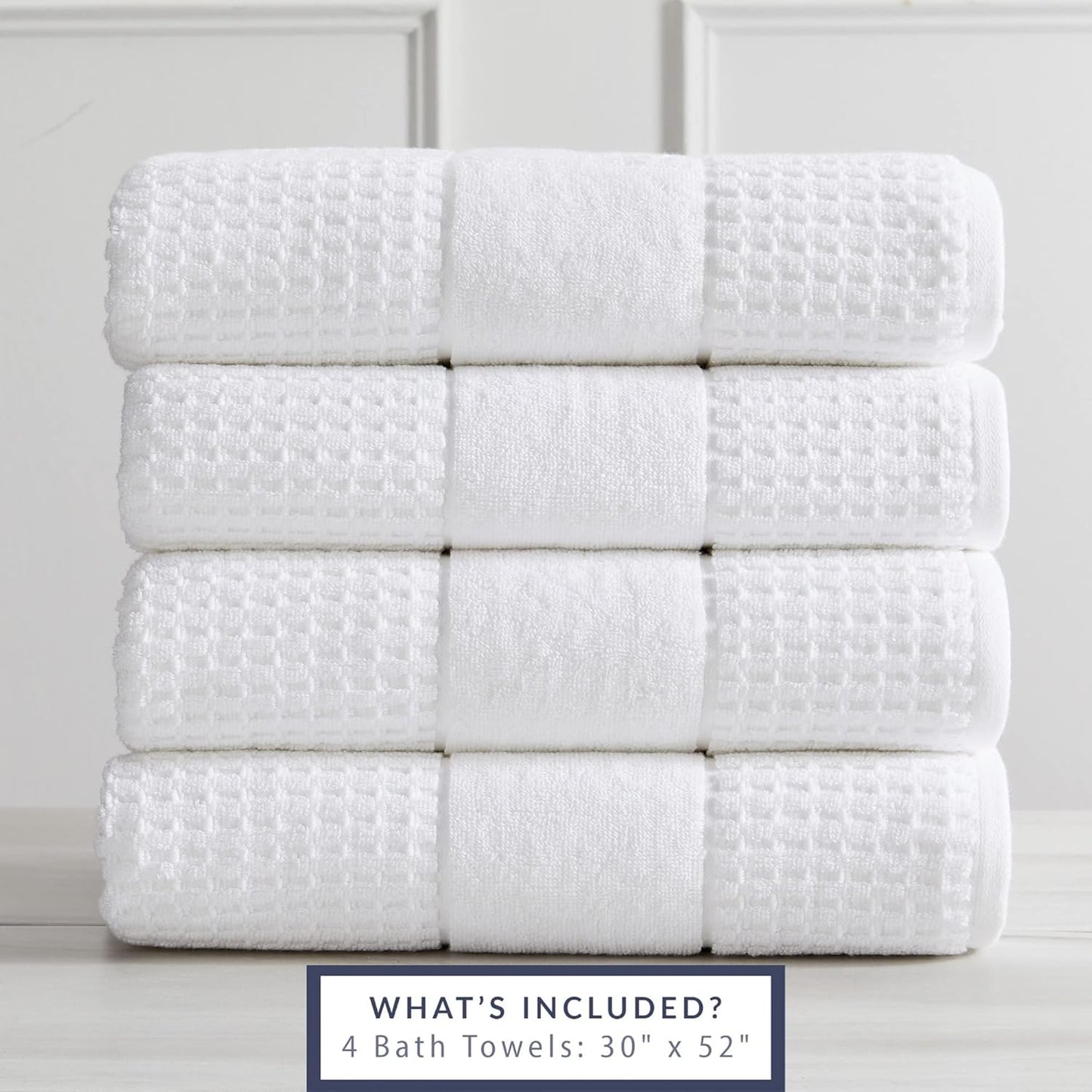 100% Cotton Super Soft Luxury Bath Towel Set | Quick-Dry and Highly Absorbent | Waffle Textured | 550 GSM | Includes 4 Bath Towels | Harper Collection (White)