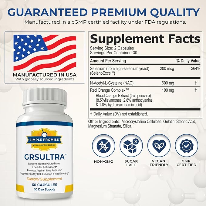 Simple Promise GRS Ultra - Glutathione Supplement with NAC 600mg N-Acetyl Cysteine, Selenium 200mcg & Red Orange Complex - Antioxidant & Cellular Support for Men & Women - 30 Days Supply