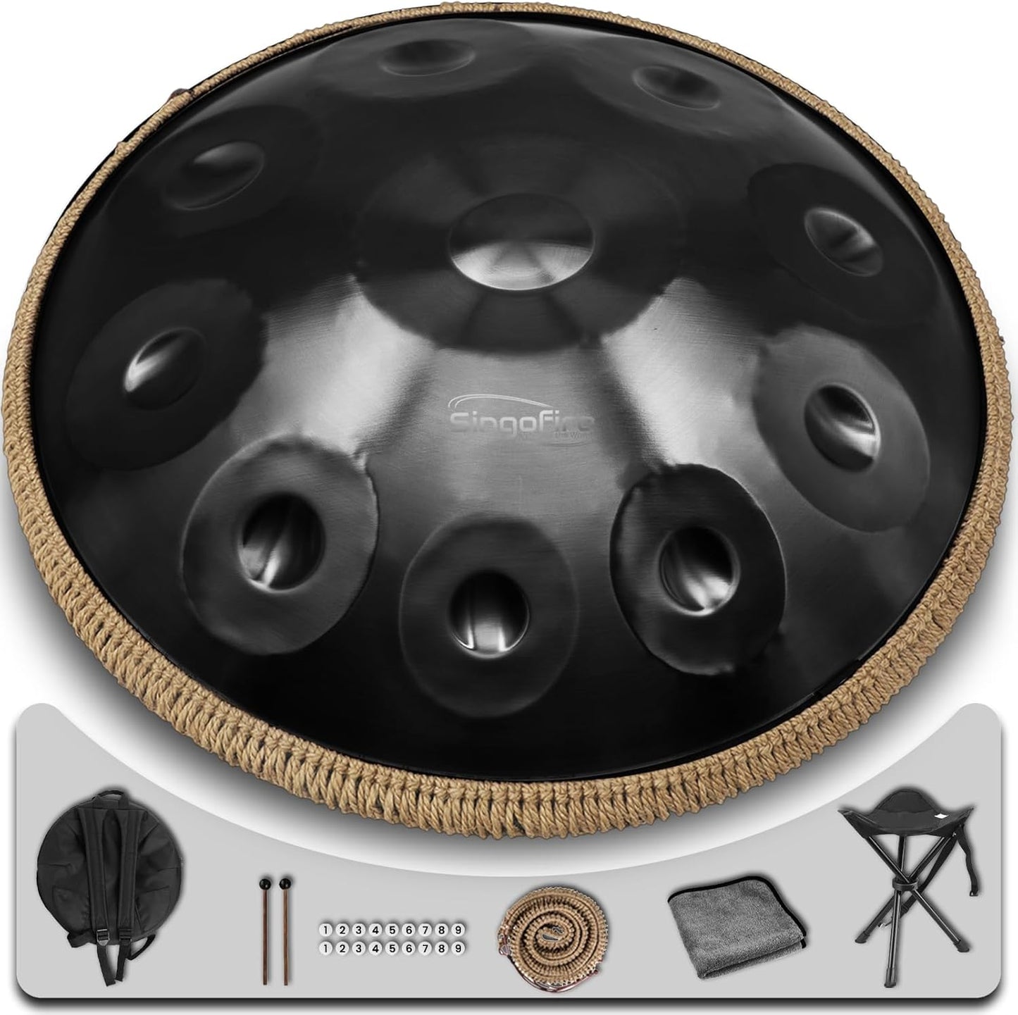 "SINGOFIRE" Handpan Drum, Handpan Drums for Adults, 22-Inch 432Hz D Minor Kurd Handpan, HandPan Instrument (Black-10Notes(432HZ), 22-Inch)