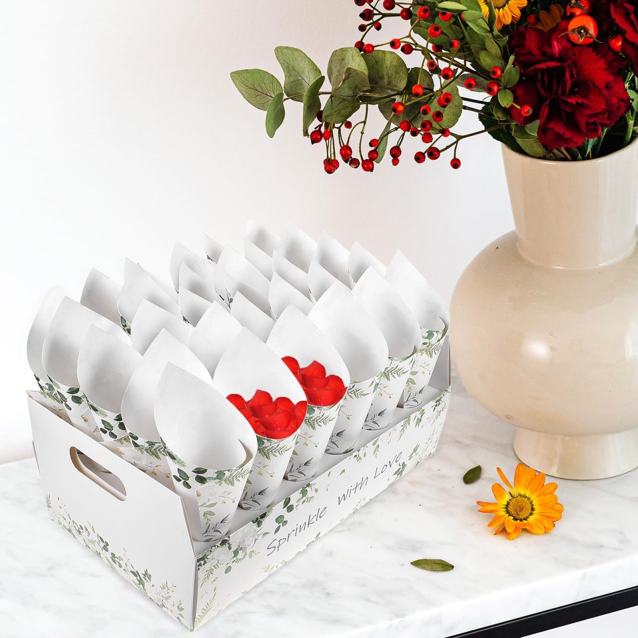 CIMAXIC Wedding Confetti Cone Holder Box - Flower, Paper, Petal Cones - White Paper Cup Candy Stand