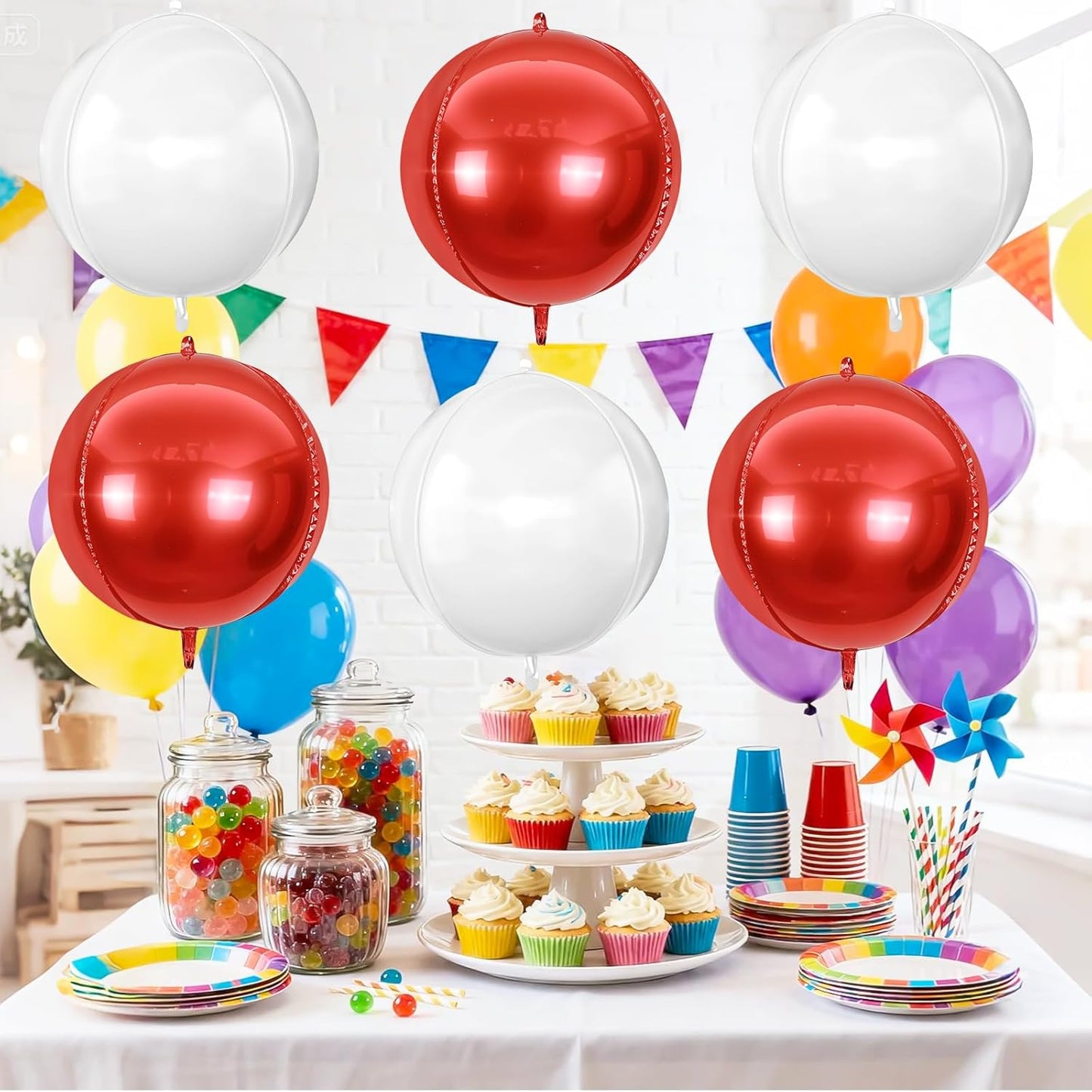 6Pcs Red White Round Foil Balloons,Giant 4D Round Ball Balloon,22 Inch Balloons for Mother's Day, Valentine's Day, Birthday, Wedding, Christmas Party Decorations