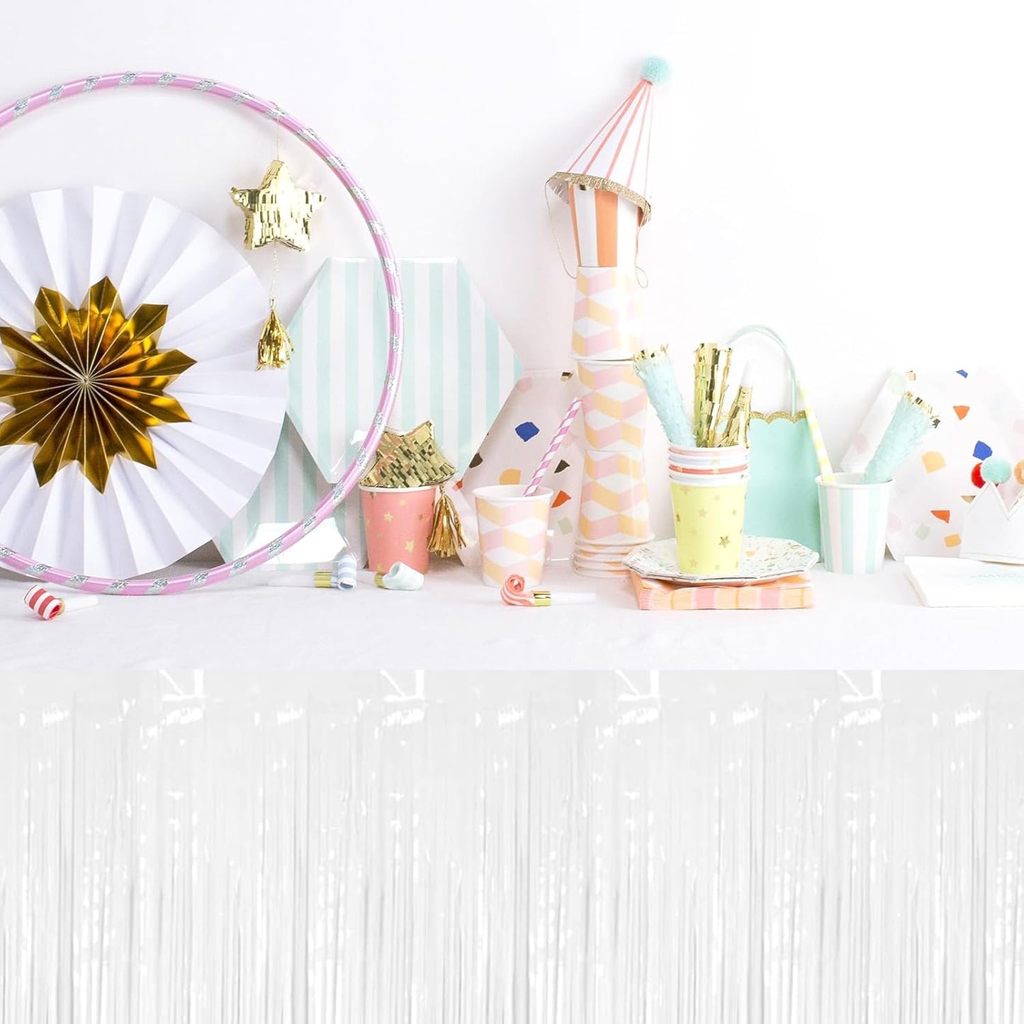 3 Pack 29 x108 Inch Macaron White Foil Fringe Table Skirts Metallic Banner for Tinsel Streamer Garland Backdrop for Parade Floats Wedding Thanksgiving Birthday Christmas New Year Party Decoration