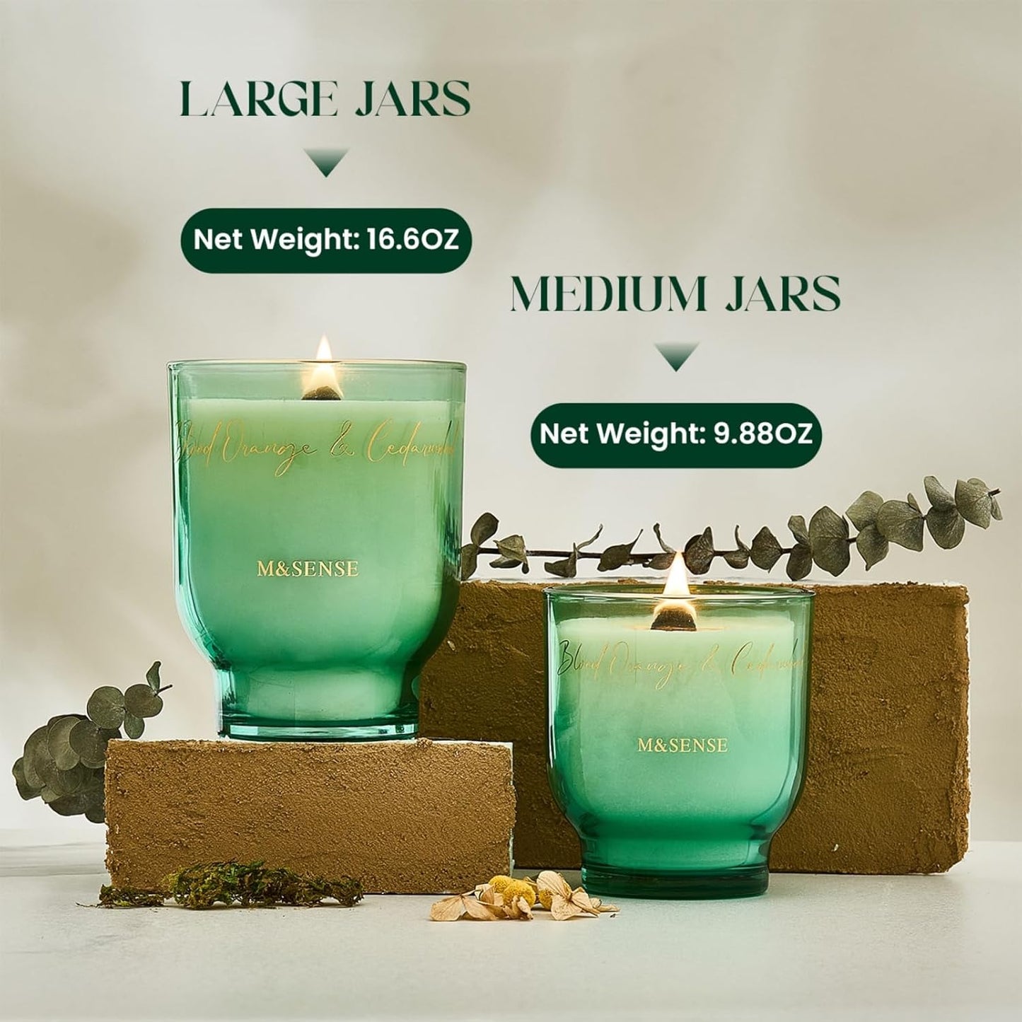 M&SENSE 9.88oz Natural Soy Wax Jar Candle with Wooden Wick | Blood Orange & Cedarwood Scent | 55-Hour Burn & Long-Lasting Burn | Housewarming Gift for Men and Women