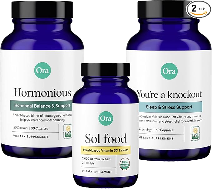 Ora Organic Hormone Balance, Sleep Aid, & Vitamin D Boost Bundle: Support Skin, Mood, Energy + Stress Support Calming Herbal Blend + Vegan Vitamin D, Immune Support