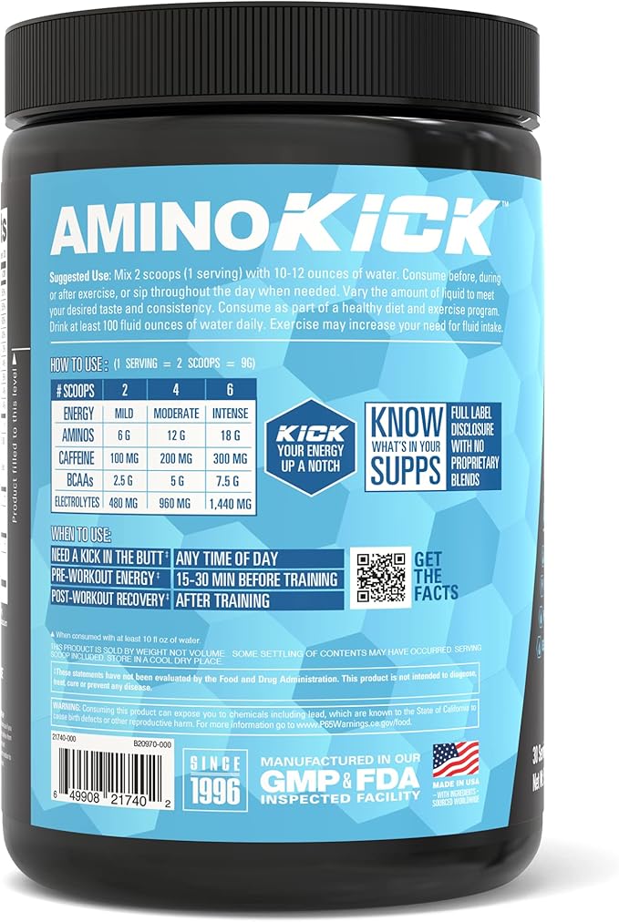 NutraBio Amino Kick – BCAA Powder with Natural Caffeine – Amino Acids Supplement for Energy, Hydration & Recovery – BCAAs, Electrolytes & Amino Acids – Blue Raspberry, 30 Servings