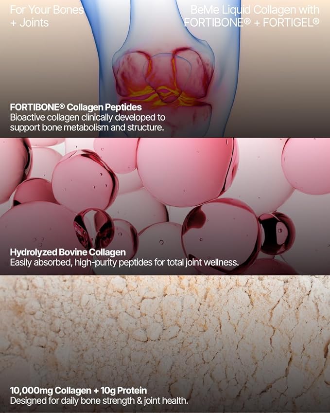 BeMe Liquid Collagen Peptides for Bone & Joint Health - 10,000mg FORTIBONE & FORTIGEL - 2X Faster Absorption - Clinically Proven to Support Bone Density & Cartilage Regeneration