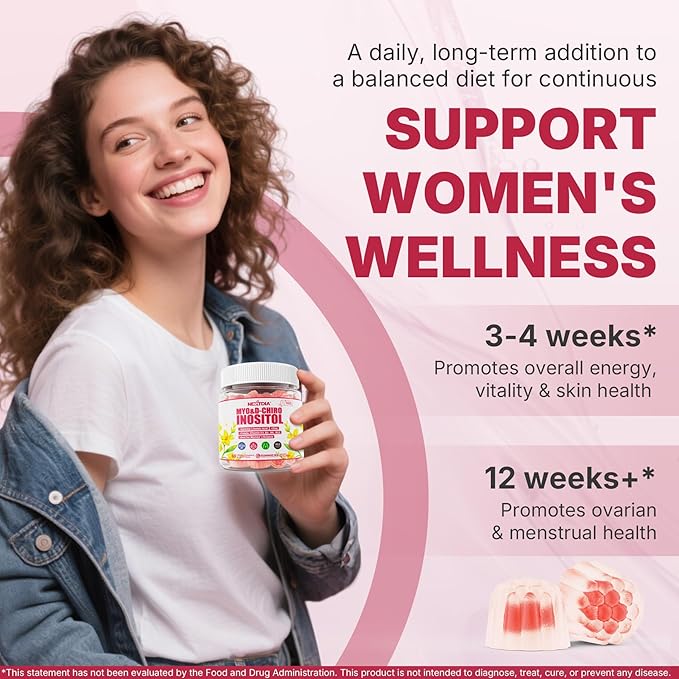 Inositol Gummies Supplement with Evening Primrose Oil for Women - 40:1 Ratio Myo-Inositol 2000mg & D-Chiro Inositol 50mg with VIT D3 B12 & Zinc, Sugar-Free for Natural Balance, Vegan (120ct)