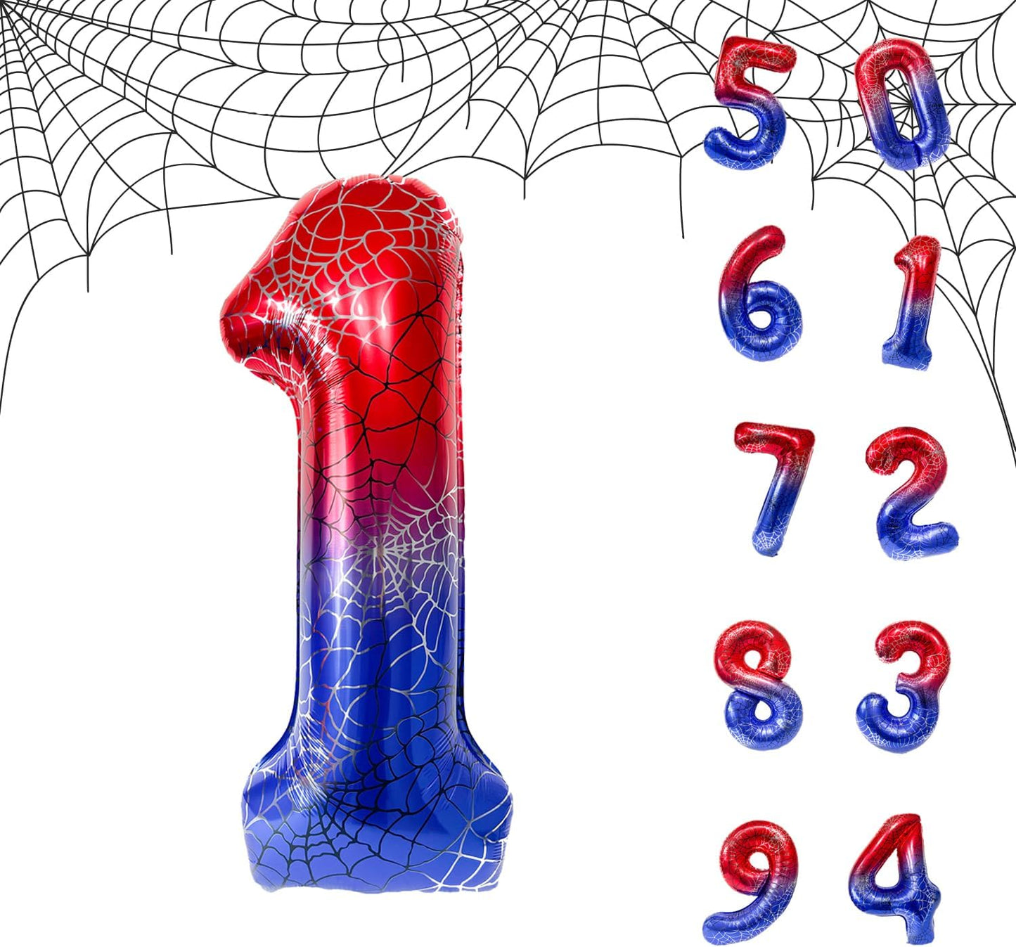 Spider Web 40Inch Foil Number Balloons Set 0-9 Includes Inflation Straws - Giant 7 Decor for Birthdays, Anniversary Party Arch Supplies (Spider, Number 1)