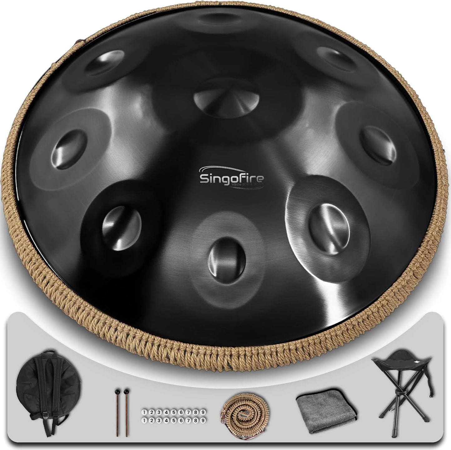 "SINGOFIRE" Handpan Drum, Handpan Drums for Adults, 22-Inch 432Hz D Minor Kurd Handpan, HandPan Instrument (Black-9Notes(432HZ), 22-Inch)