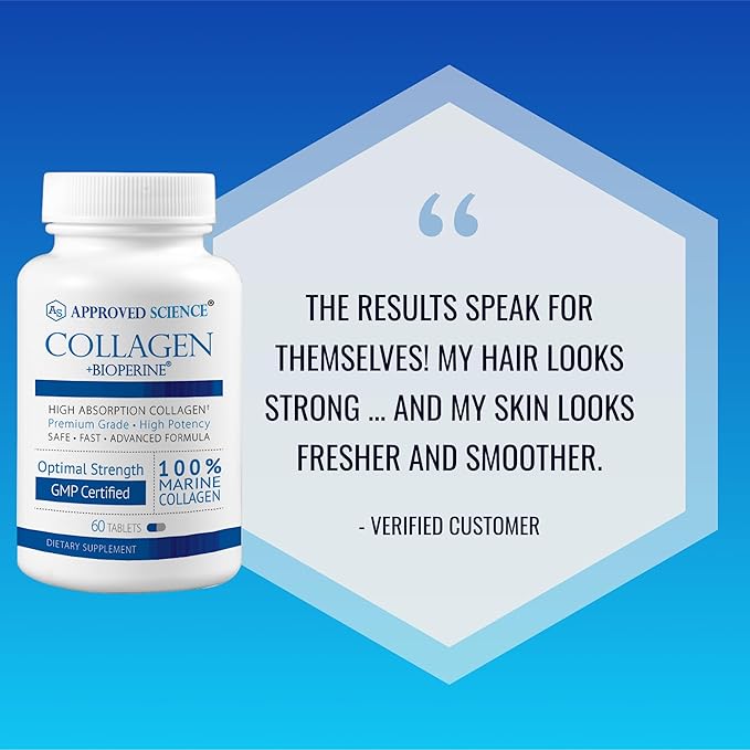 Approved Science Collagen Pills - Absorbable Marine Collagen Types I and III - 60 Tablets - Healthy Hair and Skin - Vitamin C, Sodium, and Bioperine for Fast Results - Non-GMO, Made in USA