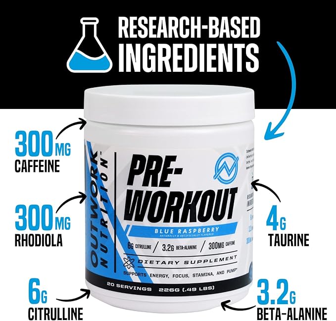 Outwork Nutrition Pre Workout Powder for Men & Women - Pre-Workout Supplements Without Creatine, Nootropic Preworkout with Citrulline Malate Beta Alanine Taurine Rhodiola Caffeine (Blue Raspberry)