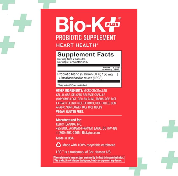 Bio K+ Heart Health Probiotic Capsules – Probiotics for Men and Women – Cholesterol and Heart Health* Support Supplement – Vegan, Shelf-Stable, Non-GMO – 60 Capsules