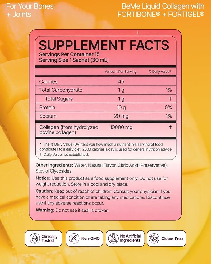 BeMe Liquid Collagen Peptides for Bone & Joint Health - 10,000mg FORTIBONE & FORTIGEL - 2X Faster Absorption - Clinically Proven to Support Bone Density & Cartilage Regeneration