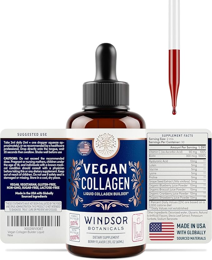 Vegan Collagen Builder Liquid Supplement - Collagen Booster with Vitamin C, Biotin, Hyaluronic Acid & Amino Acids - Organic Fruit & Vegetable Blend - 120ml, 60 Day