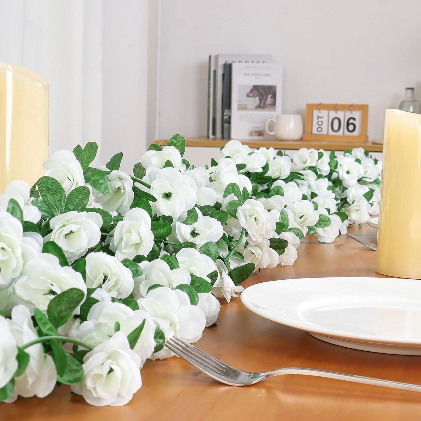 KHOYIME 18 Pack 144 FT Artificial Flower Garland, Fake White Roses Vines Silk Flowers Faux Plastic Outdoor Hanging Floral Ivy Garland Decoration for Wedding Arch Bedroom Home Wall Backdrop Room Decor