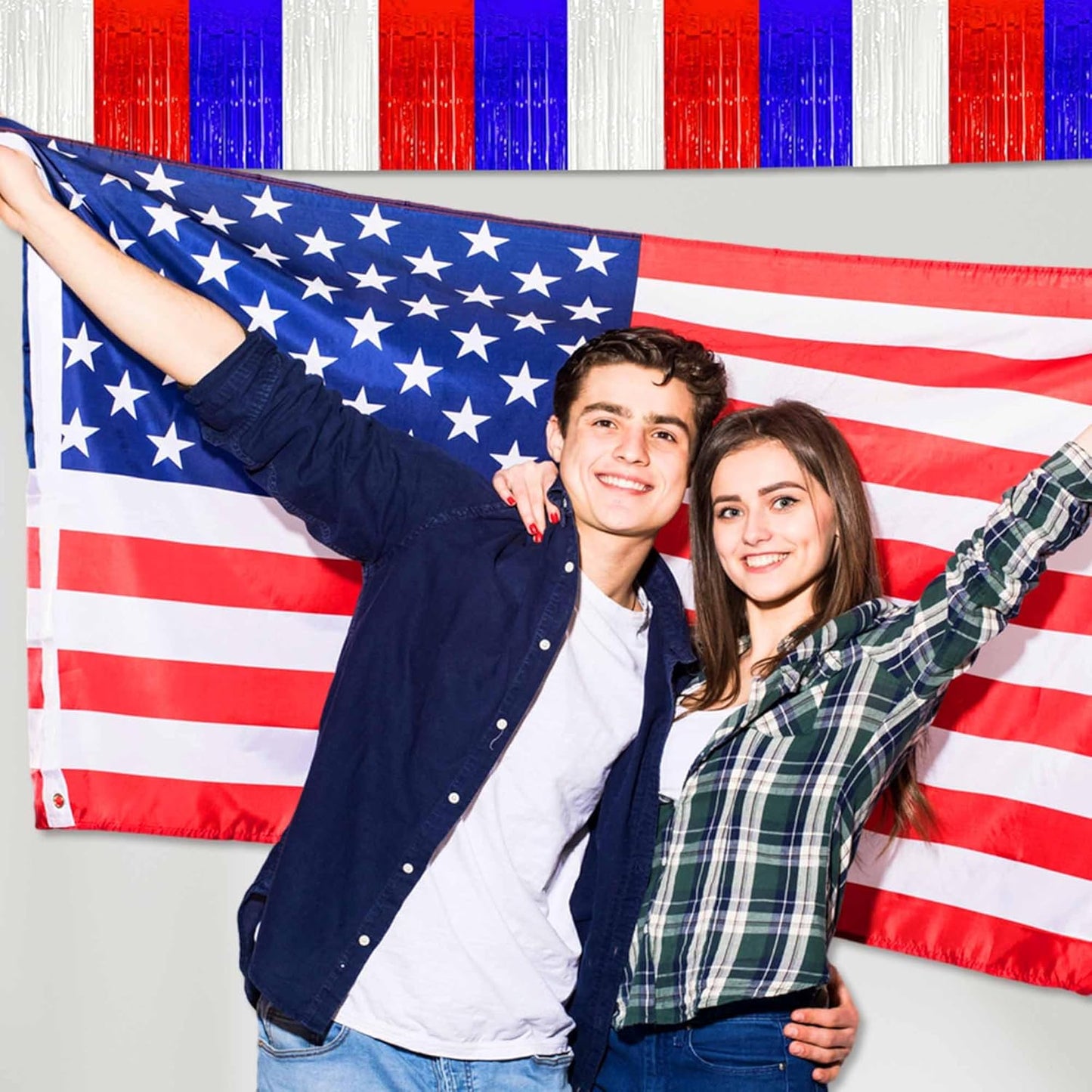 4 Pack 10 Ft White Blue Red Foil Fringe Garland Metallic Streamers Tinsel Banner Wall Hanging Garland Backdrop for Parade Floats, Halloween, Christmas, Thanksgiving, New Year Party Decorations