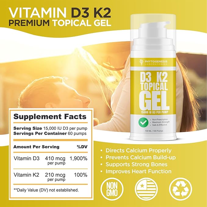 Vitamin D3 K2 Maximum Strength Topical Gel - 15000+ IU Per Pump - The Sunshine Vitamin - Supports Bone & Joint Health, Immune Support - One Month Supply