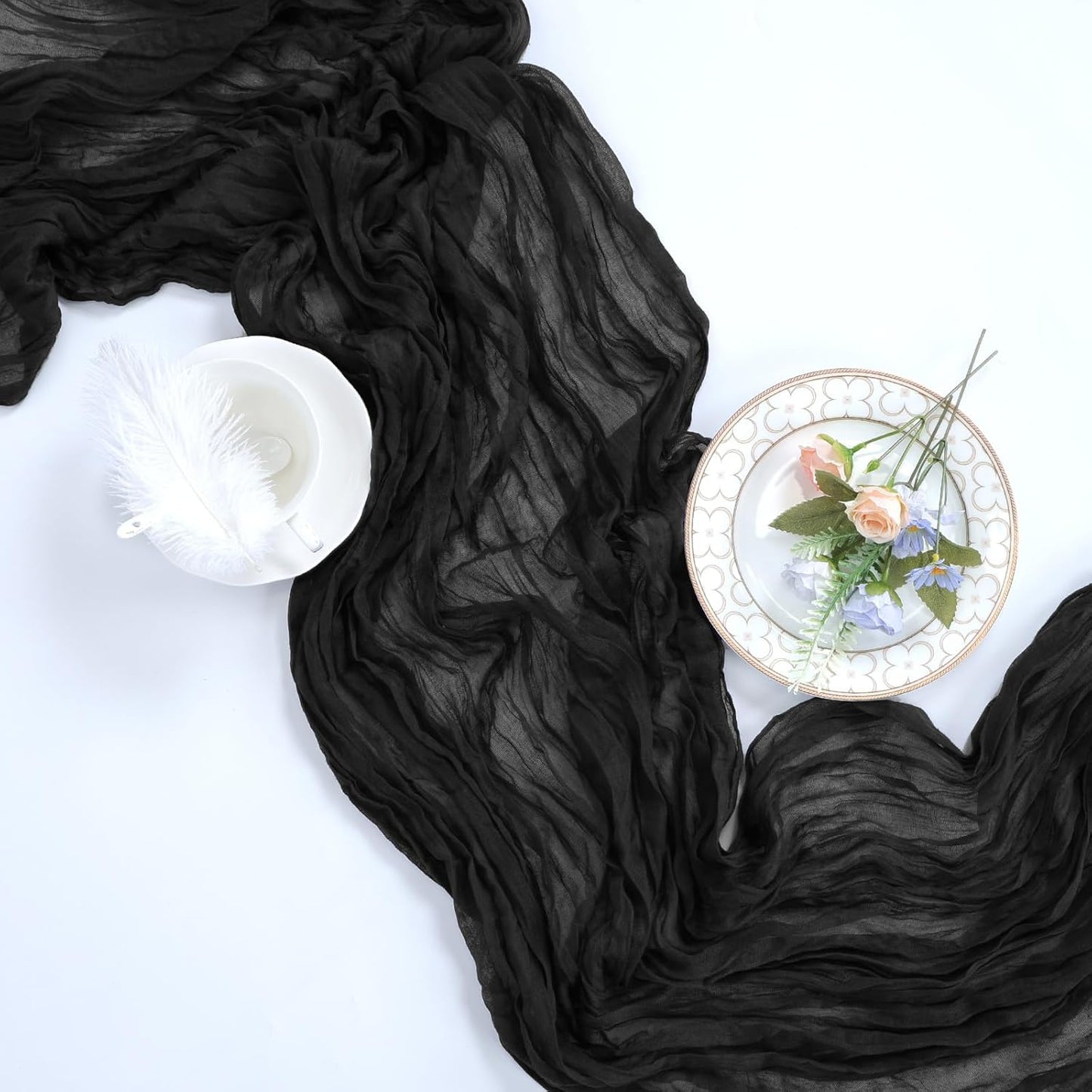 12 Pack Halloween Table Runner Black Cheesecloth 10ft Boho Gauze Fabric Cheese Cloth Table Runner 35 x 120 Inch Rustic Sheer Runner for Wedding Decor Baby Shower Party Table Centerpiece Decoration