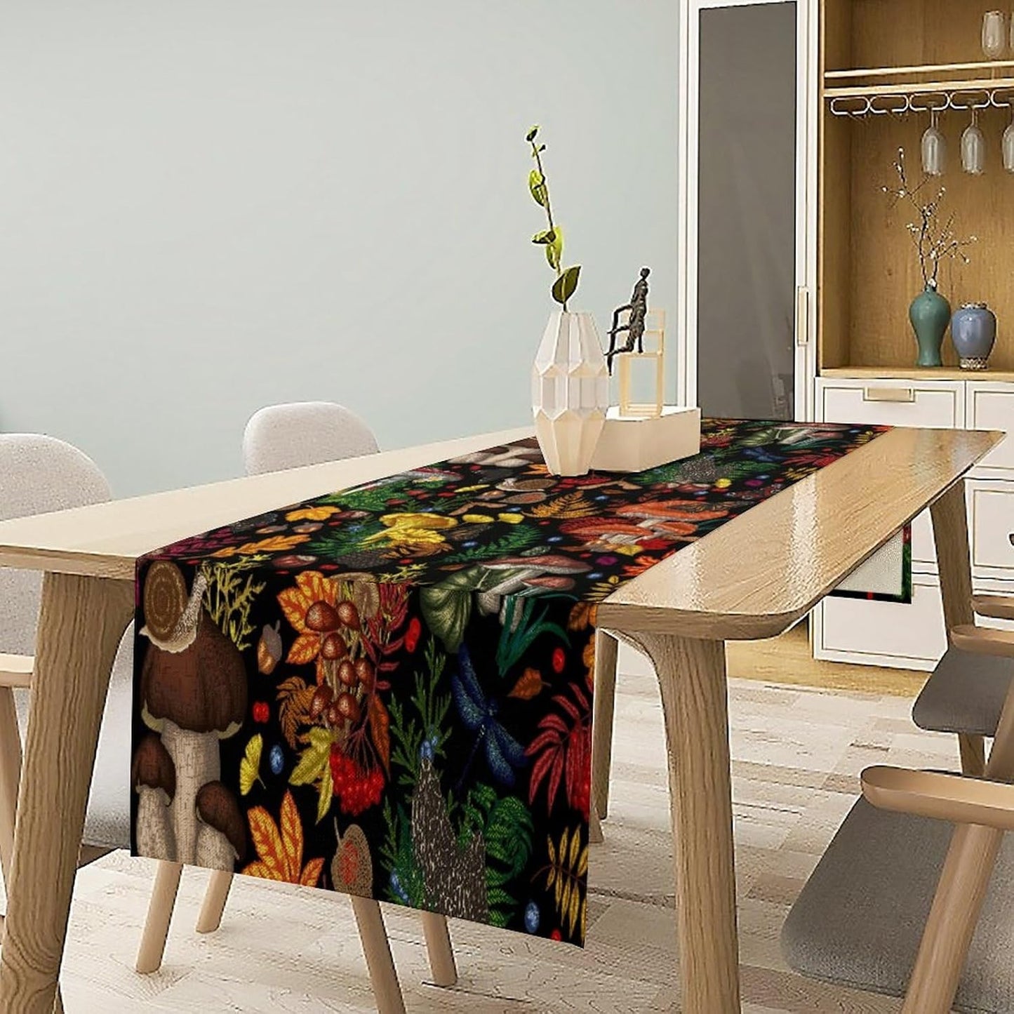 Nature Mushroom Table Runner,Retro Boho Floral Botanical Plant Forest Pattern Print Tablecloth Burlap for Hotel Indoors Outdoor Dining Room Kitchen Holiday Party, 13x90in