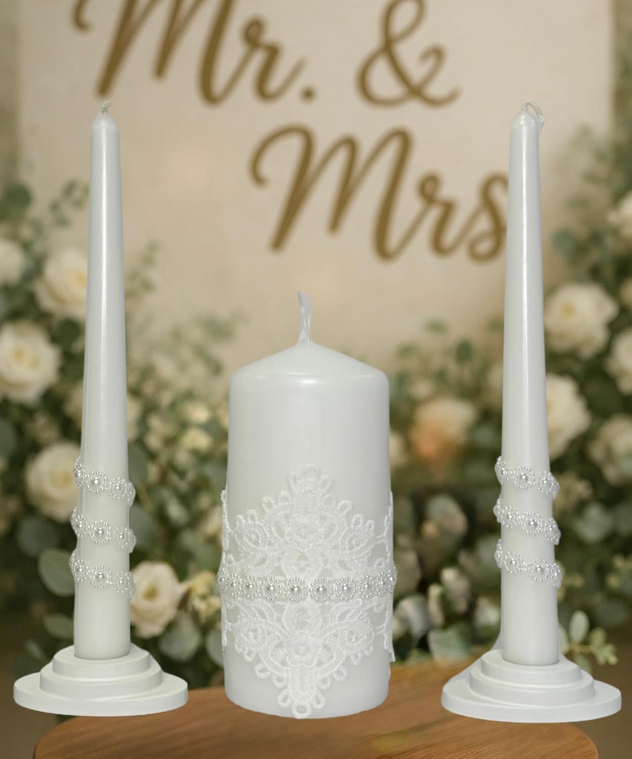 Unity Candle Set - Wedding Ceremony & Reception – 6” Pillar & Two 10” Taper Candles – Long Burning Unity Candles for Marriage Ritual – Handmade in USA – White | Lace