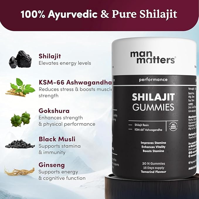 Man Matters Shilajit Gummies Tamarind Flavor - Stamina & Vitality Supplement with Shilajit Resin & KSM-66 Ashwagandha, Purity Tested, 30 N Gummies, 85 gm