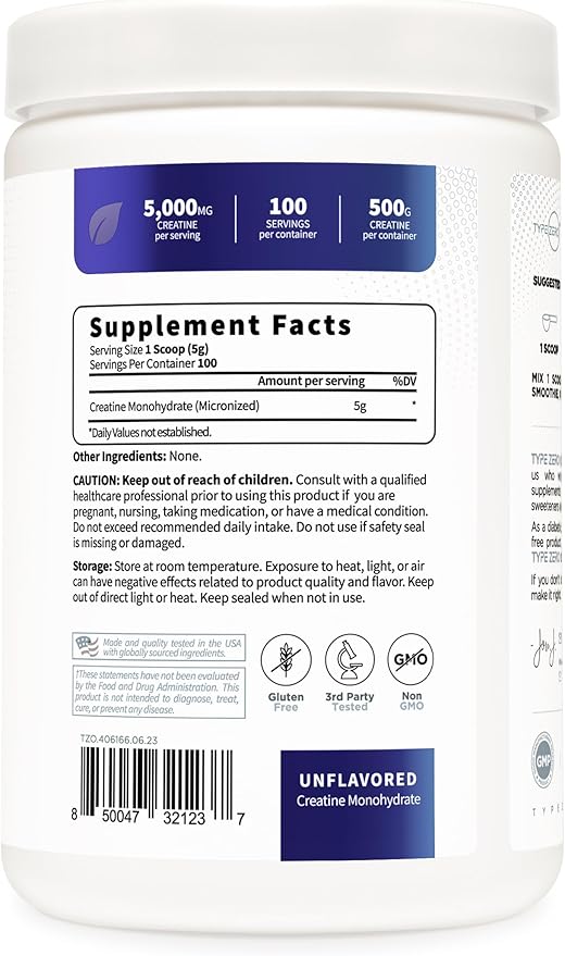 Type Zero Creatine Monohydrate (Unflavored | 500g), 5000 mg Per Serving, Micronized, Zero Sugar, Keto Friendly & Gluten Free, 100 Servings
