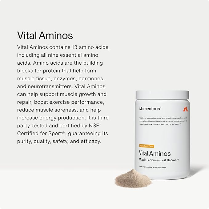 Momentous Vital Aminos Powder Supplement - BCAA & EAA - Tropical Punch - NSF Certified for Sport - GMO- & Gluten-Free - 30 Servings - Package May Vary