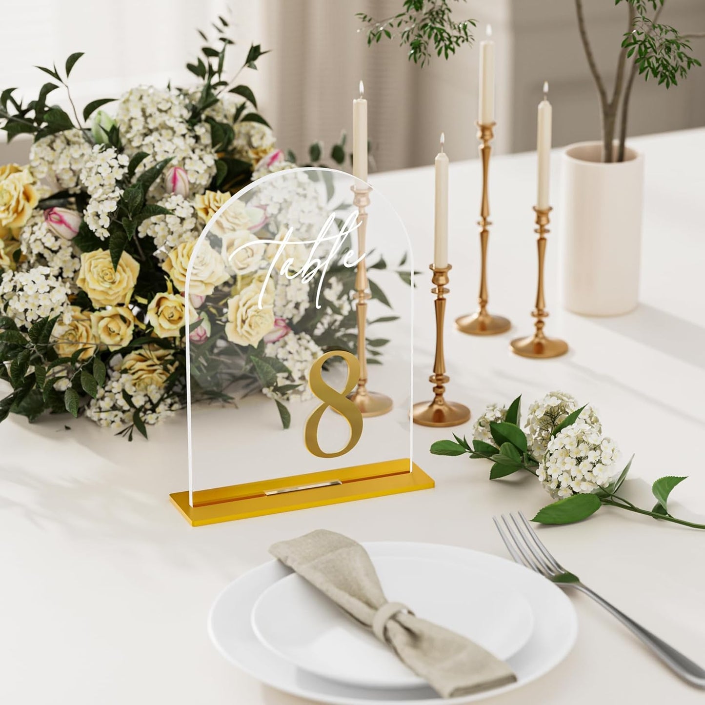 Arch Wedding Table Numbers 1-20 with Stands, Elegant Gold Number 5.5 x 7” Arch Acrylic Signs with Holder, Clear Acrylic Table Numbers for Wedding Reception, Anniversary, Party, Events