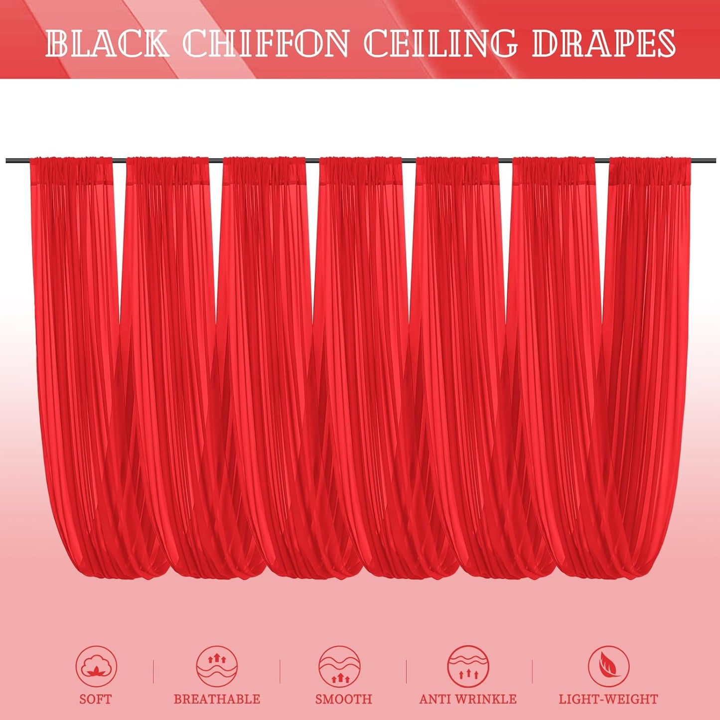 6 Panels Red Ceiling Drapes for Wedding 5ftx30ft Chiffon Fabric Arch Draping Curtains Sheer Drapery for Party Ceremony Birthday Baby Shower Reception Stage Swag Ceiling Decorations
