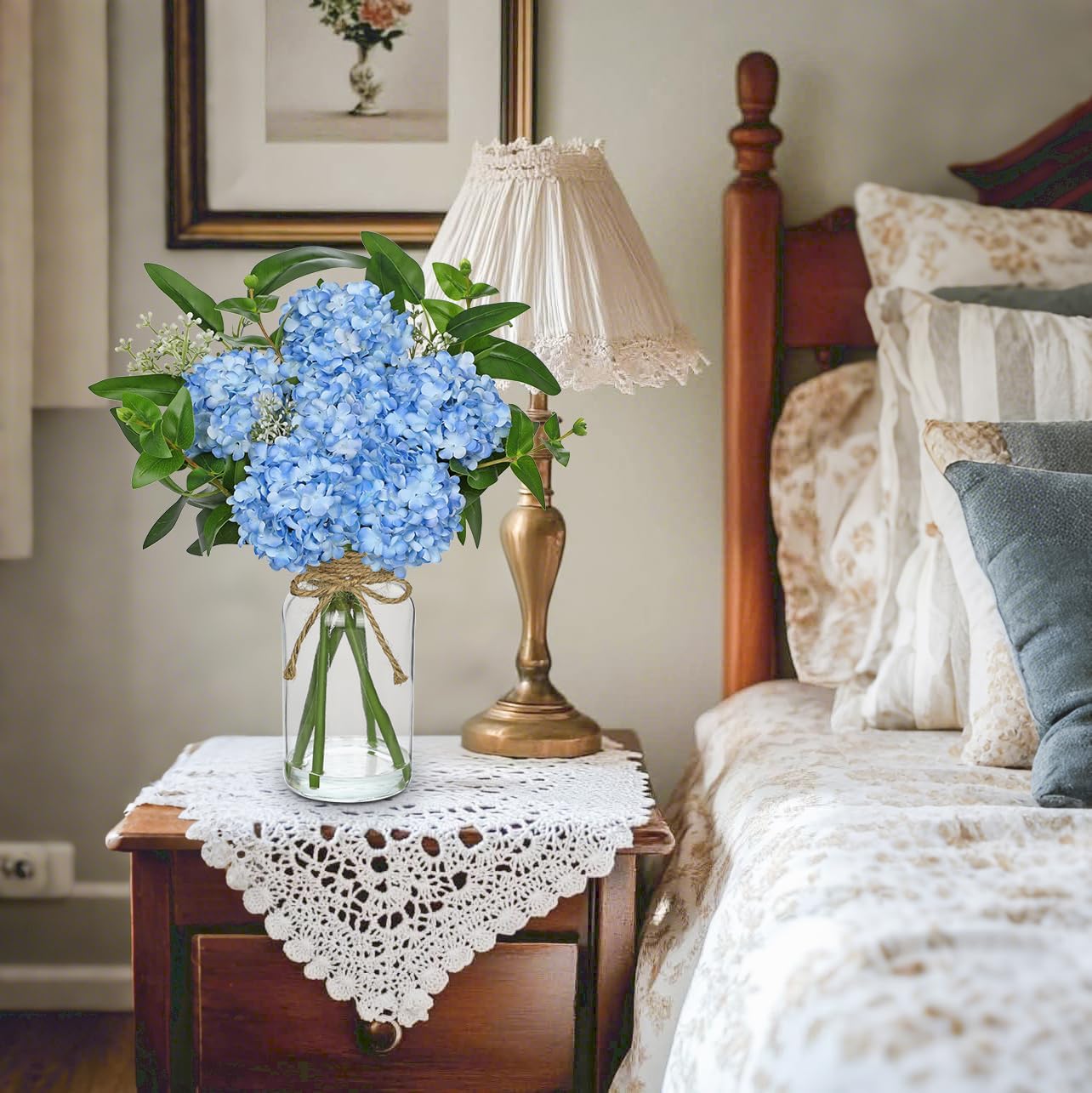 Hollyone Blue Hydrangea Artificial Flowers in Clear Glass Vase with Faux Water Silk Hydrangeas Fake Flowers Floral Arrangement for Home Bathroom Kitchen Office Table Centerpiece Shelf Decorations