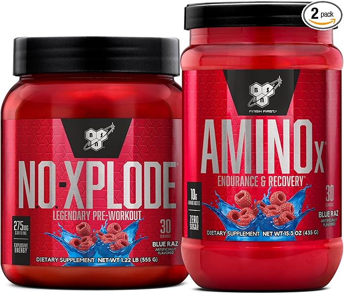 BSN Workout Bundle of NO XPLODE Pre Workout Powder Blue Raz, 30 Servings AMINO X Muscle Recovery Intra Workout Support, Caffeine Free Blue Raz, 30 Servings