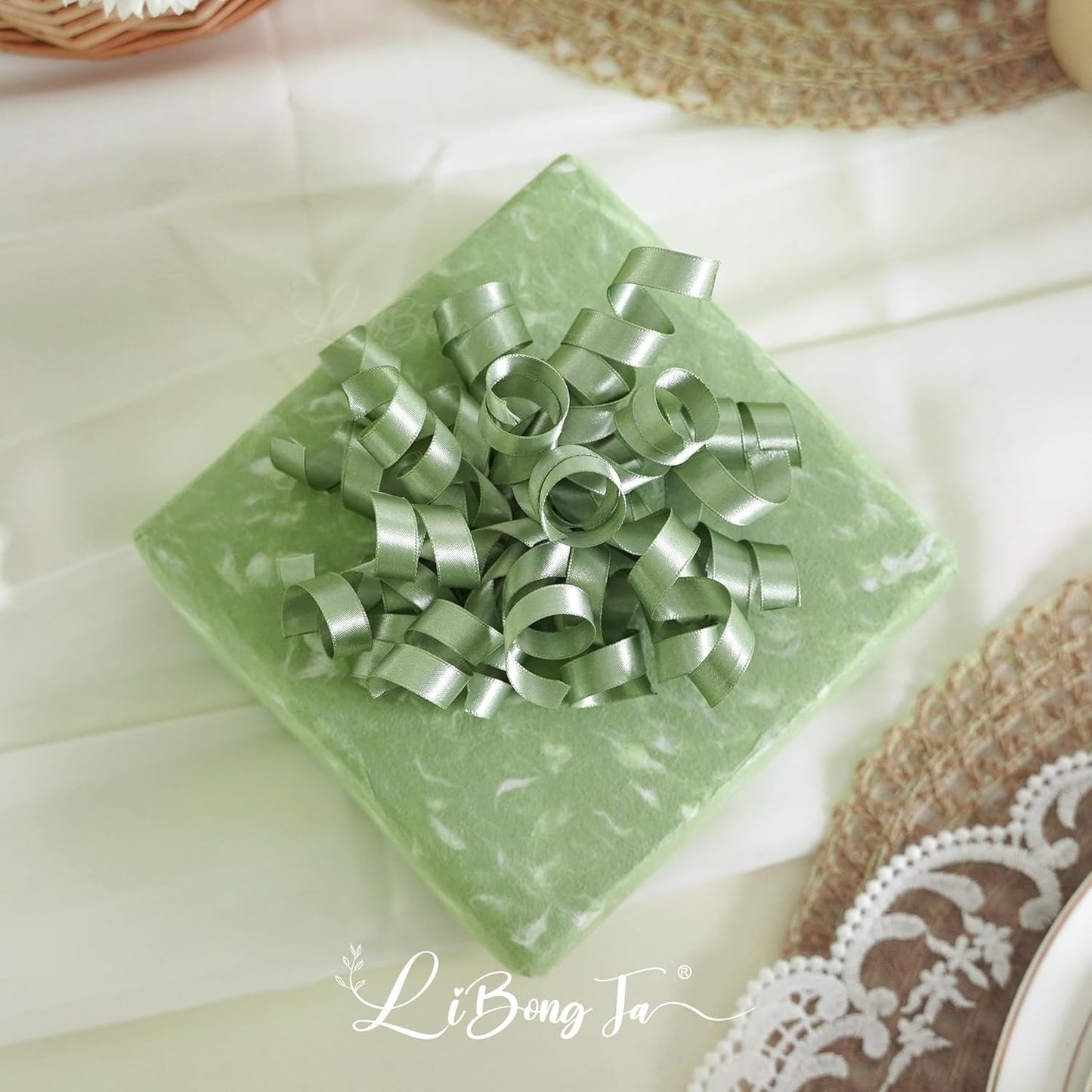 5'' Sage Green Bows Curly Ribbon Bows for Gift Wrapping, Satin Bows with Double-Sided Tape, Self Adhesive Bows for Party, Wedding, Birthday Decor, Premade Bows for Crafts, Wine Glasses-8 PCs