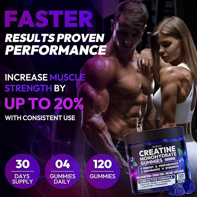 Creatine Gummies Monohydrate Complex for Men & Women, 9000MG Creatine Pre-Workout Supplement Enhance Muscle Strength Recovery Cognitive Health & Memory, 120 Gummies Sugar Free Vegan Non-GMO