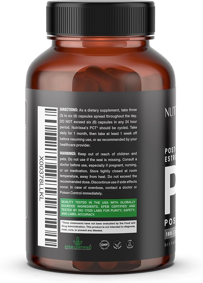 Nutriissa PCT - Premium Testosterone Support & Estrogen Control - EPEB Certified for Purity & Potency - 200:1 Tongkat Ali & Fadogia Agrestis - Vegan, 180 Capsules