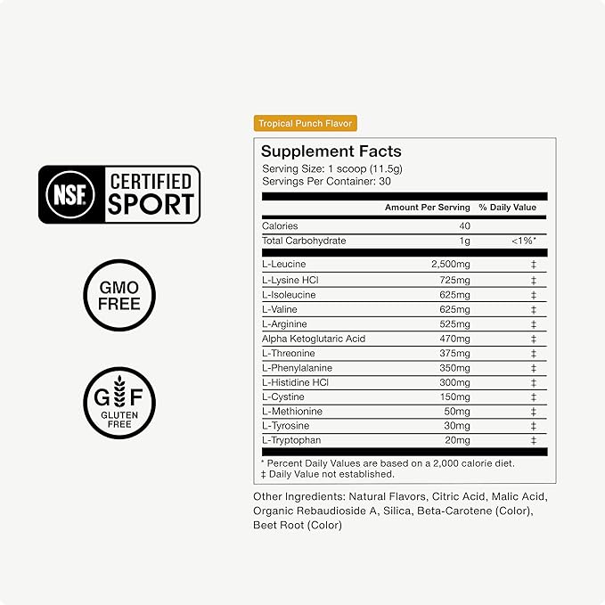 Momentous Vital Aminos Powder Supplement - BCAA & EAA - Tropical Punch - NSF Certified for Sport - GMO- & Gluten-Free - 30 Servings - Package May Vary