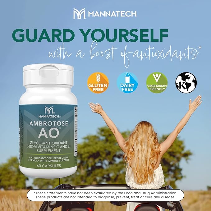 Mannatech Ambrotose AO 60 Capsules Loaded w/ Vitamin C and Vitamin E. Helps Body Against Free Radicals. Gluten-Free, Dairy-Free & Vegetarian-Friendly Immune Support Supplement
