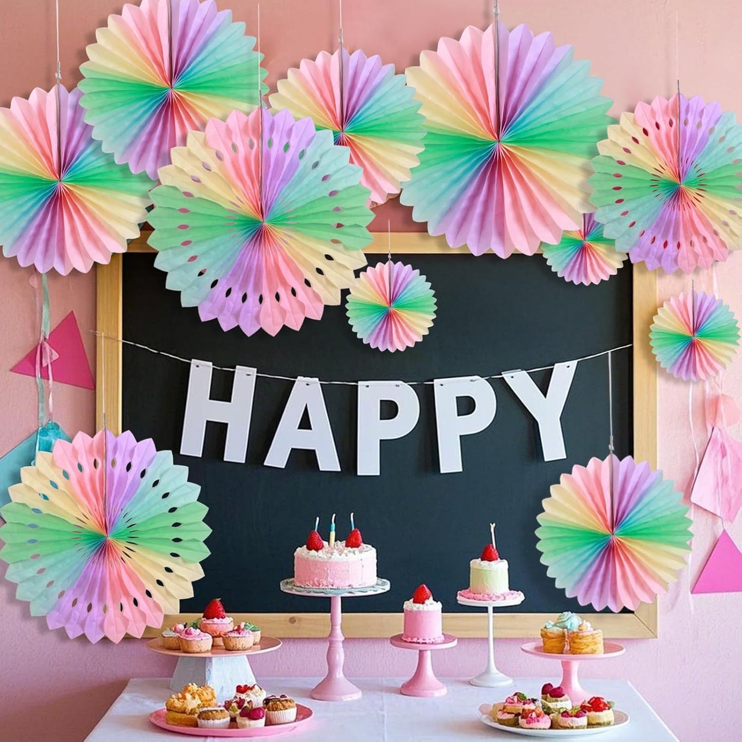 SUNBEAUTY Paper Fan, Pastel Flowers, Decor for Wall, Rainbow Decorations Hanging, Macarons Paper Fans Backdrop for Tea Party Weddding Spring Birthday Classroom Baby Shower -11 Pcs